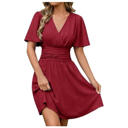 CMTOP vestito donna estivo manica corta scollo a v vestiti vita alta abiti avvolgenti a line casual mini linea vestitino maniche da spiaggia (blu navy, l)