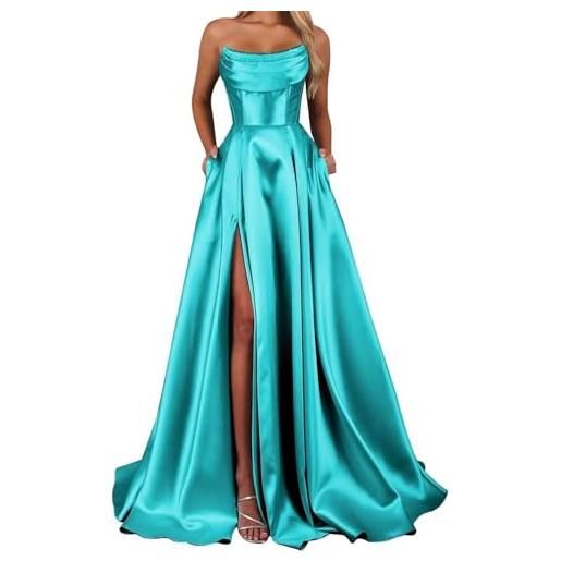HPPEE abito da sera formale da donna, senza spalline, in raso, con tasche pieghettate, abito da ballo, turchese, 38