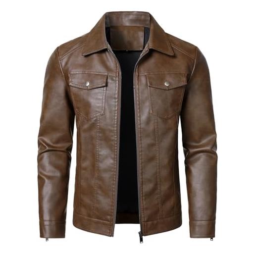 HOOD CREW giacca da motociclista da uomo, leggera, in ecopelle, per abbigliamento casual, colletto classico, tasche multiple, marrone scuro, s