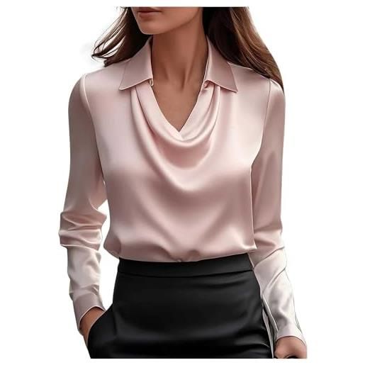 Generic camicette in raso da donna in seta con bottoni e risvolto camicia alla moda a maniche lunghe autunno camicia da lavoro elegante camicetta casual da lavoro, rosa, xl