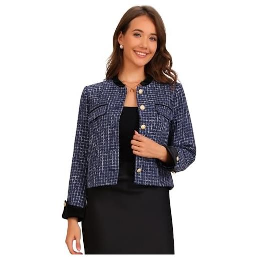 Allegra K donna cappotto da giacca casual a maniche lunghe con colletto alla coreana in tweed blu s