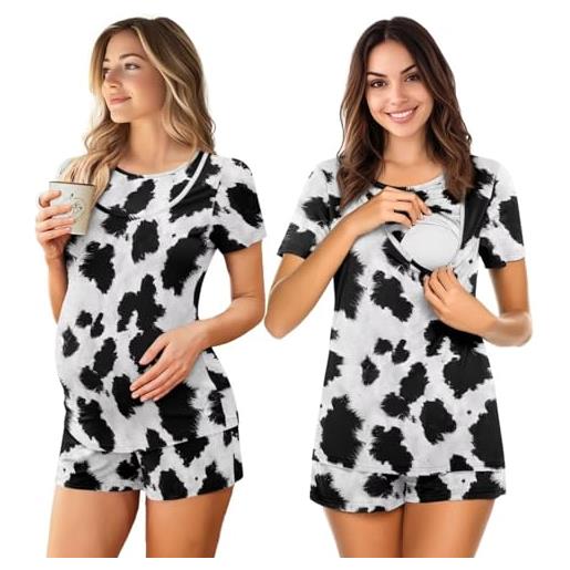 Xoenoiee pigiama premaman per allattamento set 2 pezzi biancheria da notte per allattamento al seno top a maniche corte e pantaloncini set pigiama gravidanza, mucca spot, l