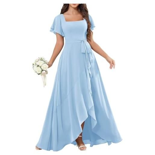 WSEYU abiti da damigella d'onore con maniche a volant per donne con fessura abiti da sera abiti da ballo abiti da cocktail taglie forti, azzurro, 54 più