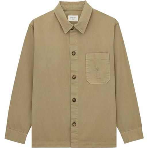 Saint Laurent giacca-camicia denim con logo ricamato - toni neutri