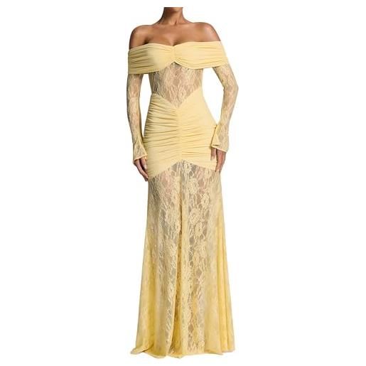 Canli4Y elegante abito in pizzo giallo da donna, sexy, a maniche lunghe, lungo, senza spalline, abito vintage y2k, abito da sera, giallo. , m