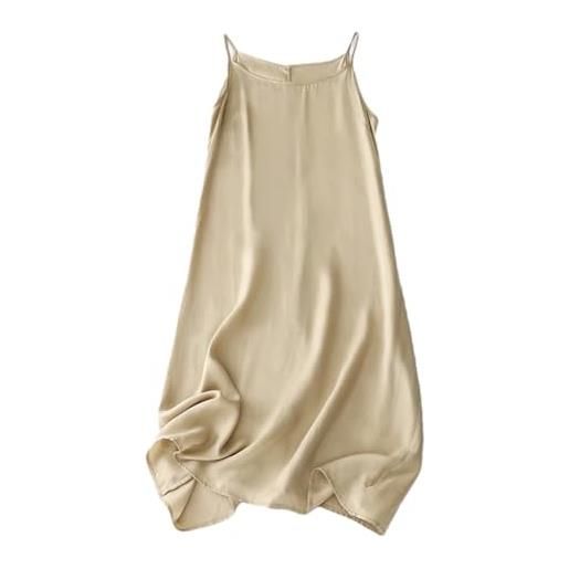 Generic abito da donna in cotone e lino, tinta unita, casual, con spalline sottili, cachi, m