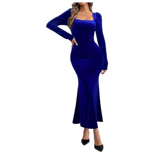 Generisch abito da donna in velluto a maniche lunghe con scollo quadrato, design avvolgente attillato, per feste serali, occasioni formali, eleganti abiti lunghi da sposa, blu, m