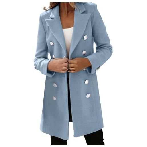 Generisch cappotto di lana da donna, lungo, in lana, con colletto rovesciato, invernale, elegante, sottile, in tweed, a maniche lunghe, giacca a vento invernale, o celeste, xl