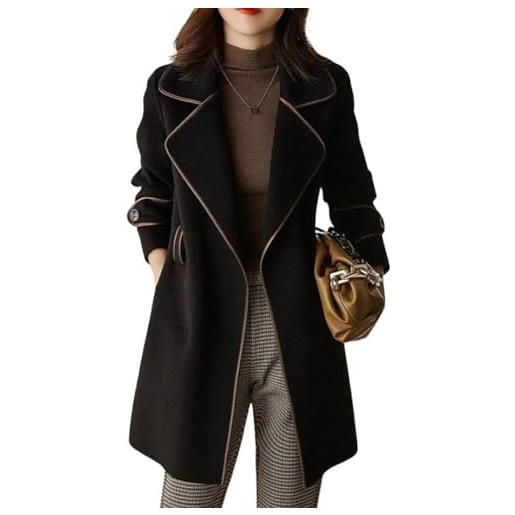 Goolecrimp cappotto donna elegante con risvolto in tweed tendenza casual con cintura cappotto trench inverno vintage allentato ufficio cappotto di lana (nero, l)