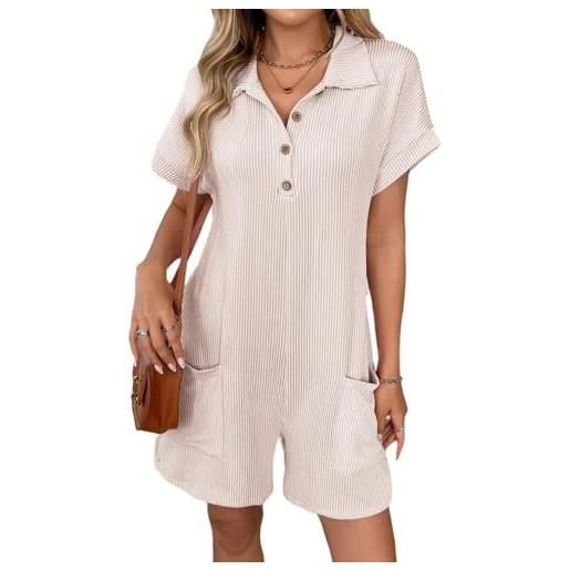 amropi tute da donna maniche corta estiva pagliaccetto elegante pantaloncini jumpsuit collo a v bottone tuta con tasca beige, s