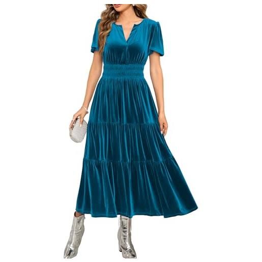 R.Vivimos autunno inverno donna velluto maxi vestito manica corta scollo a v tiered ruffle a line abito vintage(l, teal)