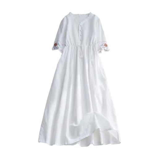 Generic abiti lunghi da donna in 100% cotone e lino vintage jacquard ricamato, vestito elegante e confortevole, bianco, l