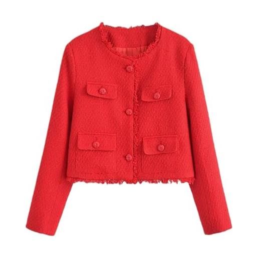Juankrynord abiti e tessuti da donna giacca elegante in tweed con bottoni giacca blazer con bavero sottile giacca casual da lavoro abbottonata cappotto in tweed vintage (rosso, m)