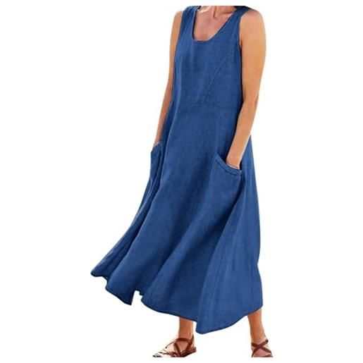 FEATEFACE abito lungo estivo da donna, in cotone e lino, senza maniche, elegante, con tasche, taglie forti, comodo e largo, blu navy, 3xl