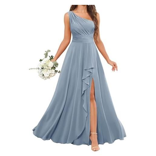 HPPEE abito da damigella d'onore da donna, monospalla con spacco, in chiffon increspato, abito da cerimonia nuziale, azzurro, 40