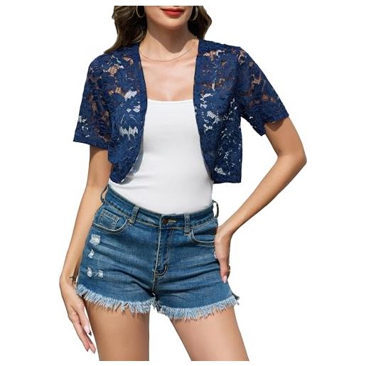 Sopesil coprispalle donna in pizzo bolero elegante per cerimonia con manica corta cardigan corto estivo per tempo libero blu navy, m