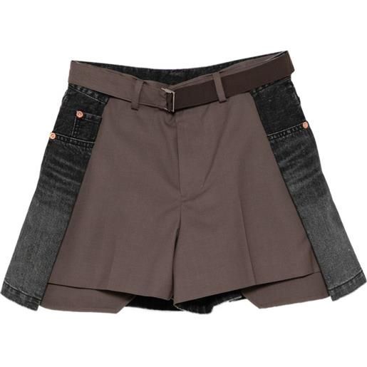 sacai shorts con inserti denim - marrone