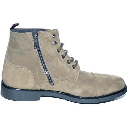 Malu Shoes anfibio vintage in vera pelle camoscio tortora spazzolato fondo gomma lacci in tinta chiusura con zip moda tendenza