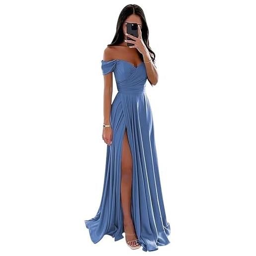 ECDAHICC abito da damigella d'onore senza spalline per donna, in raso, con lungo spacco, elegante abito formale da sera, linea ad a, per matrimoni e feste, giallo chiaro, s
