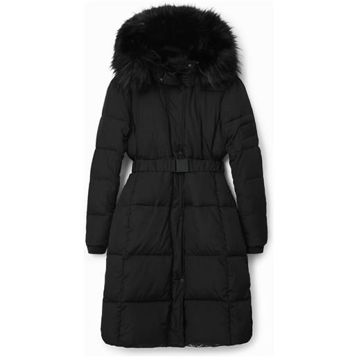 Desigual, cappotto imbottito con cintura lunga, poliestere, nero, xl