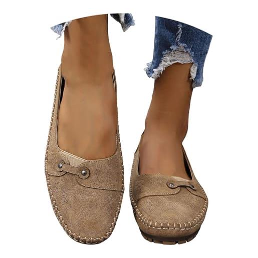 Generic scarpe da donna in pelle con suola morbida antiscivolo, comode mocassini in pelle scamosciata cucite a mano, scarpe da passeggio piatte e leggere da donna senza lacci, cachi, 36.5 eu