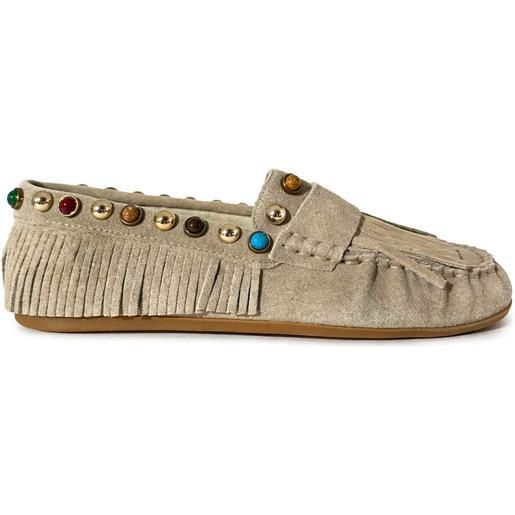 INUOVO mocassino in camoscio mouton con frange e borchie