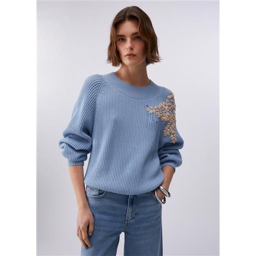 Liu jo maglia con ricamo in rafia, azzurro