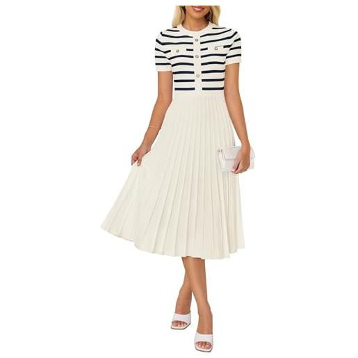 ZESICA abito longuette casual a righe da donna 2025 girocollo a maniche corte con bottoni a costine in maglia svasata a pieghe, beige, xl