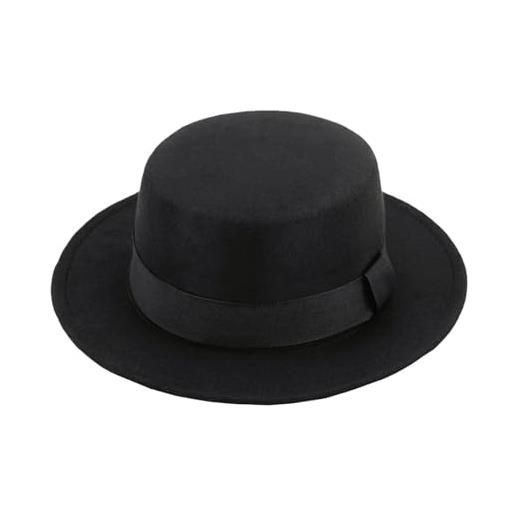 Bamboopack cappello elegante a tesa piatta in lana nera classica in stile panama, fedora con nastro e cintura, cappello da jazz