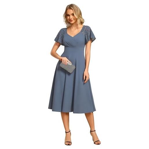 Ever-Pretty vestito donna elegante con maniche corta e scollo a v midi abito cerimonia donna eleganti elasticità cocktail blu navy 40