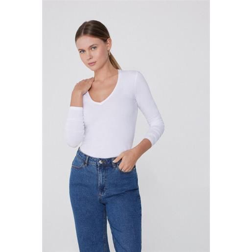 Tezenis maglia manica lunga scollo a v in cotone organico elasticizzato donna bianco