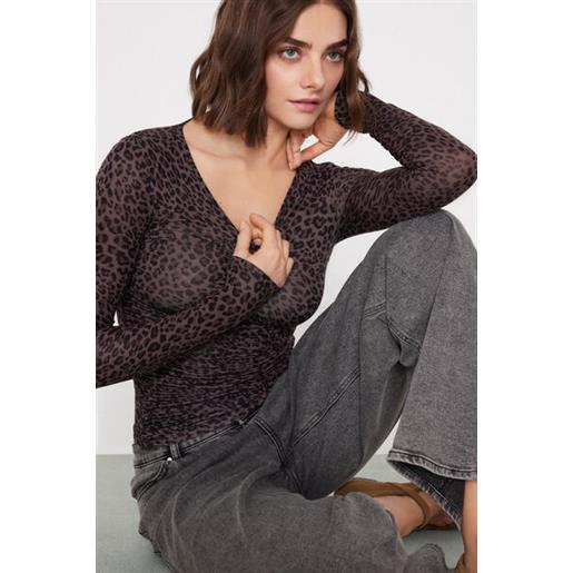 Tezenis maglia manica lunga scollo v con arriccio donna marrone