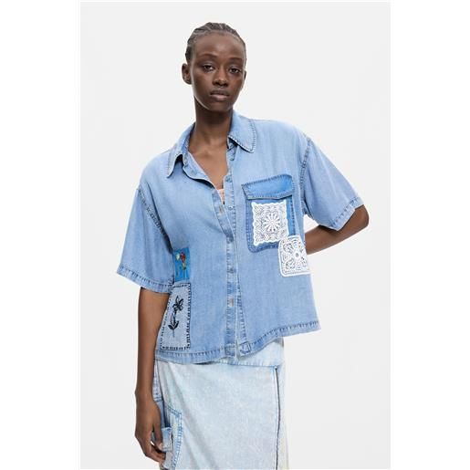 Desigual, camicia patchwork a maniche corte, lyocell, blu, l