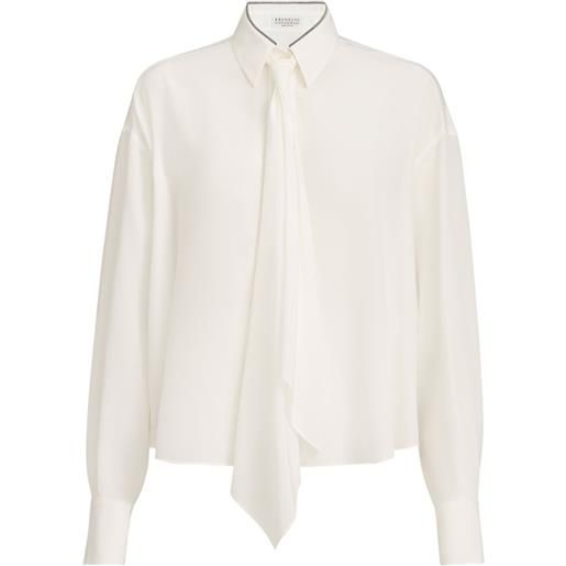 Brunello Cucinelli camicia in crêpe de chine di seta con collo lucido - bianco