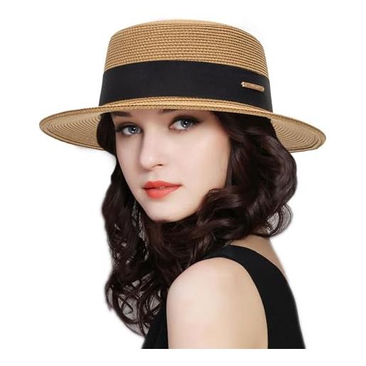 CaySep cappello da sole da donna in paglia con parte superiore piatta, cappello classico panama a tesa larga, cappello estivo da spiaggia, cachi, stile 1, taglia unica