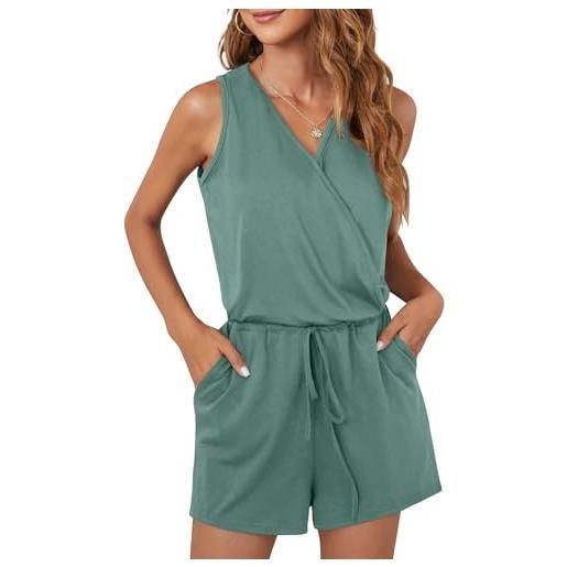Leezepro tuta estiva da donna, elegante, con scollo a v, casual, a maniche corte, tinta unita, verde soy, s