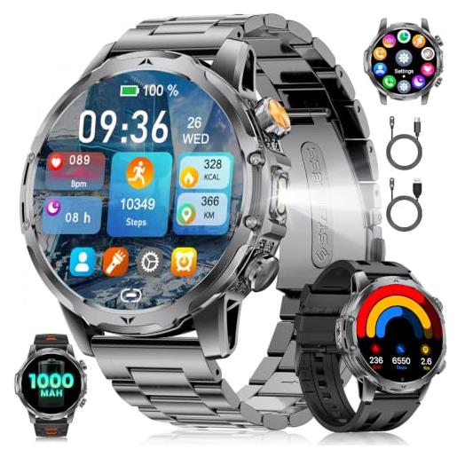 BENYAR SMART orologio smartwatch uomo con chiamate/batteria 1000 m. Ah per android ios, 1,53 hd smartwatch militare con frequenza cardiaca/129 modalità sportive, impermeabile ip68 torcia fitness watch, 3 cinturini