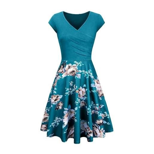 YMING abito da cocktail sexy da donna abito manica corta abito vintage con scollo a v fiori/turchese l
