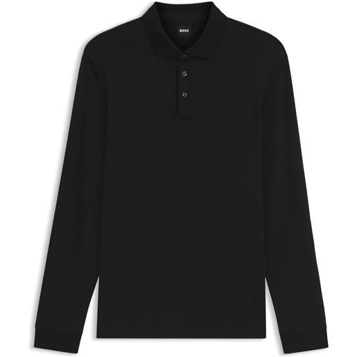 BOSS polo a maniche lunghe in cotone intrecciato con logo, nero
