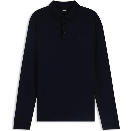 BOSS polo a maniche lunghe in cotone intrecciato con logo, blu scuro