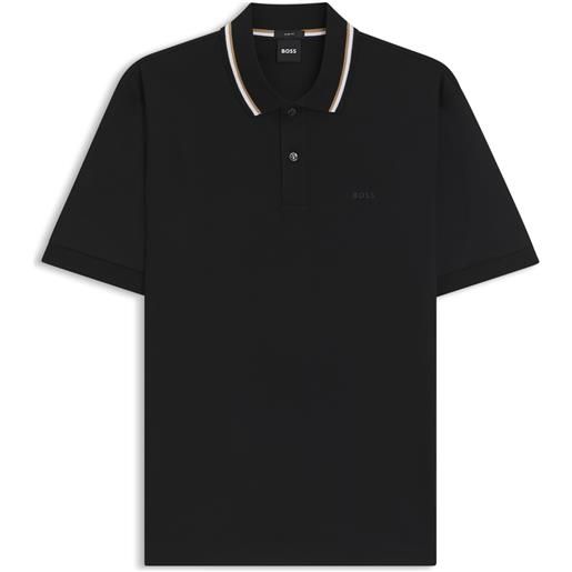 BOSS polo slim fit in cotone con colletto a righe, nero