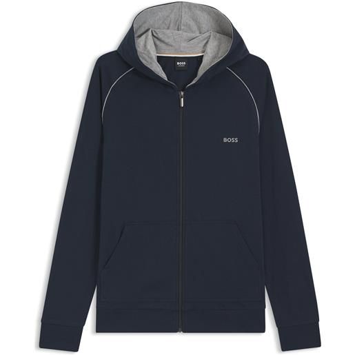 BOSS felpa con cappuccio in cotone elasticizzato con zip e profili a contrasto, blu scuro