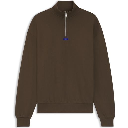 HUGO felpa in terry di cotone con colletto con zip, marrone scuro
