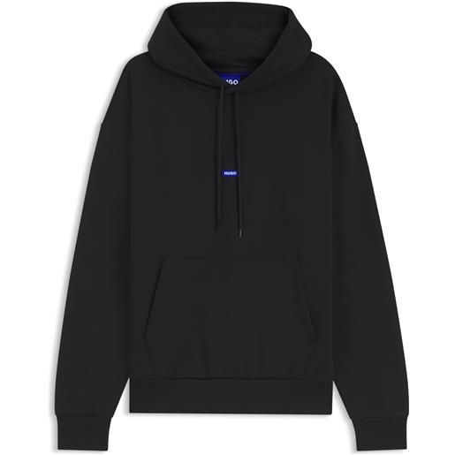 HUGO felpa con cappuccio in terry di cotone con targhetta con logo, nero