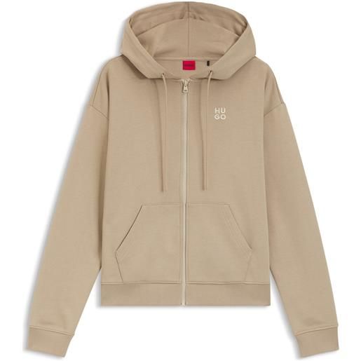 HUGO felpa con cappuccio in terry di cotone con zip e logo scomposto ricamato, beige