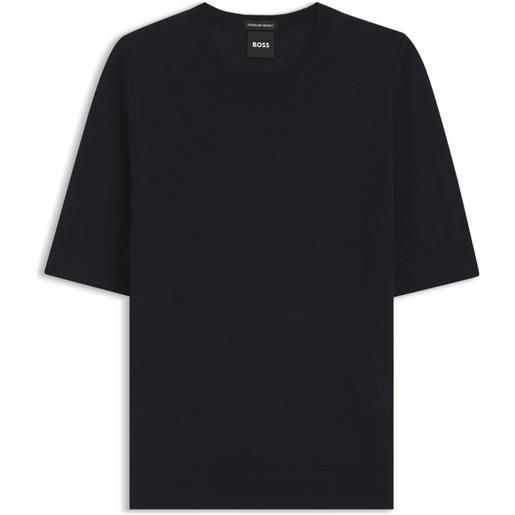 BOSS maglione slim fit a maniche corte in lana merino super fine, blu scuro