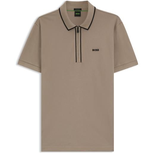 BOSS polo in cotone elasticizzato con righe a contrasto, marrone chiaro