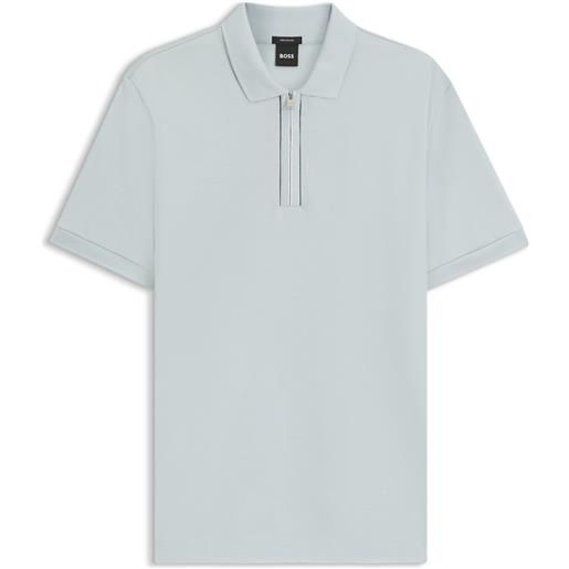 BOSS polo in cotone mercerizzato con chiusura con zip, celeste