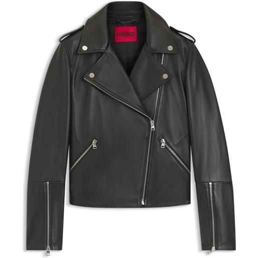 HUGO giubbotto biker straight fit in pelle con zip, nero