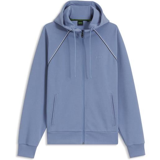 BOSS felpa con cappuccio in misto cotone con zip e profili, celeste